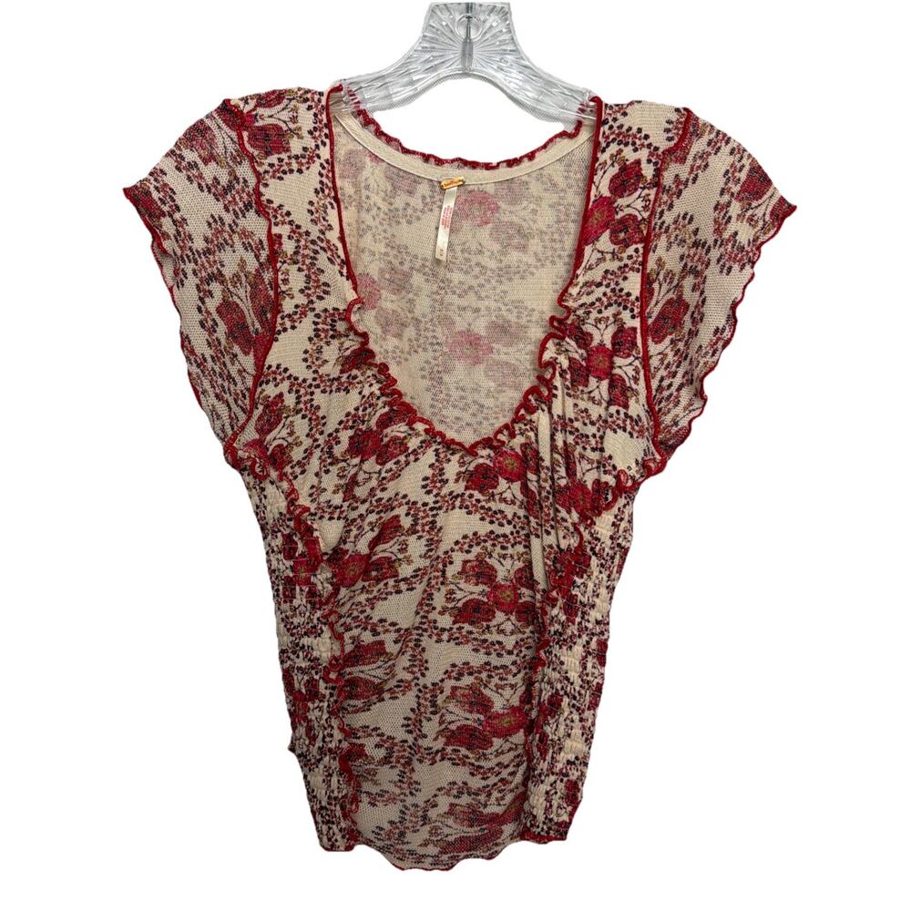 Free People Oh My Baby Tee Cropped Blouse Top Ruched Printed Cotton Medium